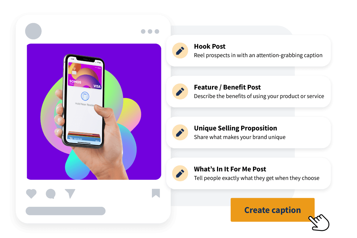 OwlyWriter tool in Hootsuite showing a social media post with 'create caption' tool with copywriting formulas 