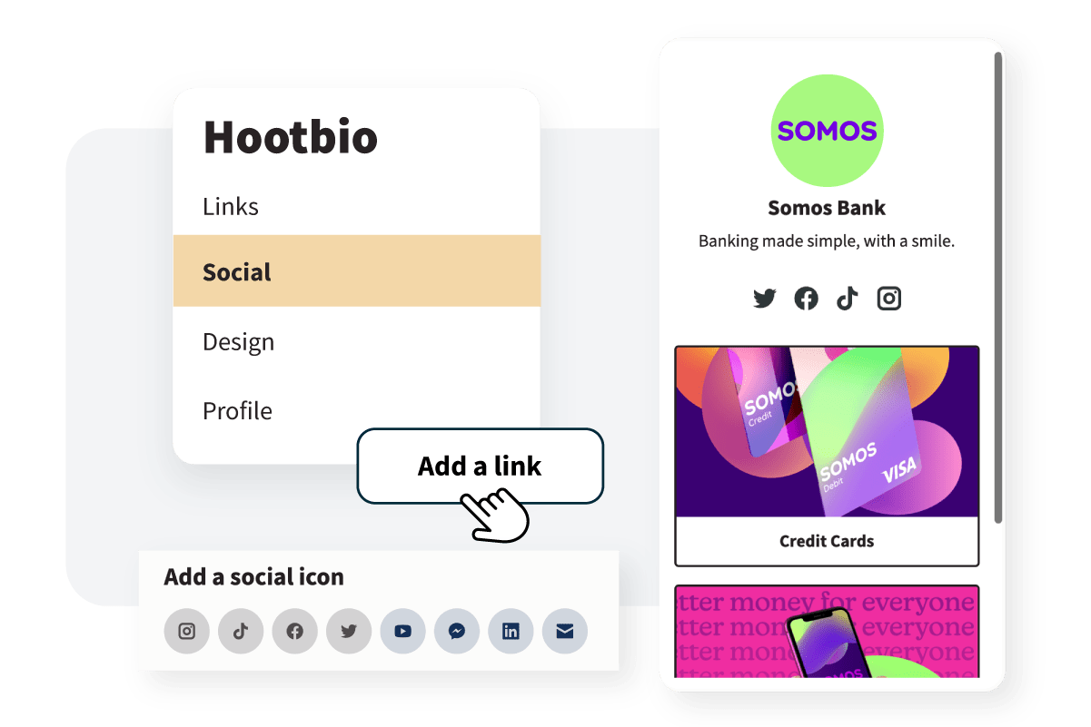 Hootbio list, displaying "Links, Social, Design, Profile" with a button to "Add a link" selected.