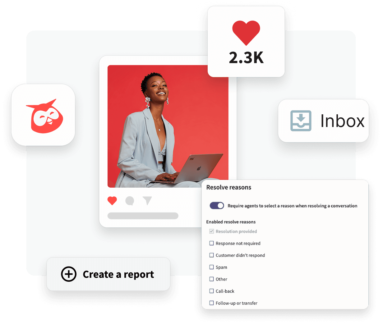 Professional in light blue blazer using laptop against coral background, with interface elements showing inbox and reporting features