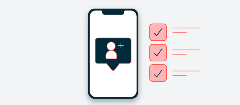 Smartphone screen showing user profile icon in dark bubble with plus symbol, alongside three pink checkboxes with lines