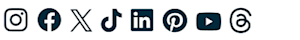 Row of social media icons in dark blue including Instagram, Facebook, X/Twitter, TikTok, LinkedIn, Pinterest, YouTube and Threads