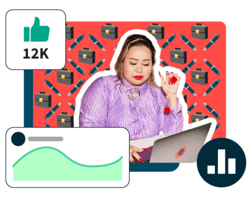 Ein Mann arbeitet an einem Laptop mit Grafiken, die das Hootsuite-Dashboard zeigen