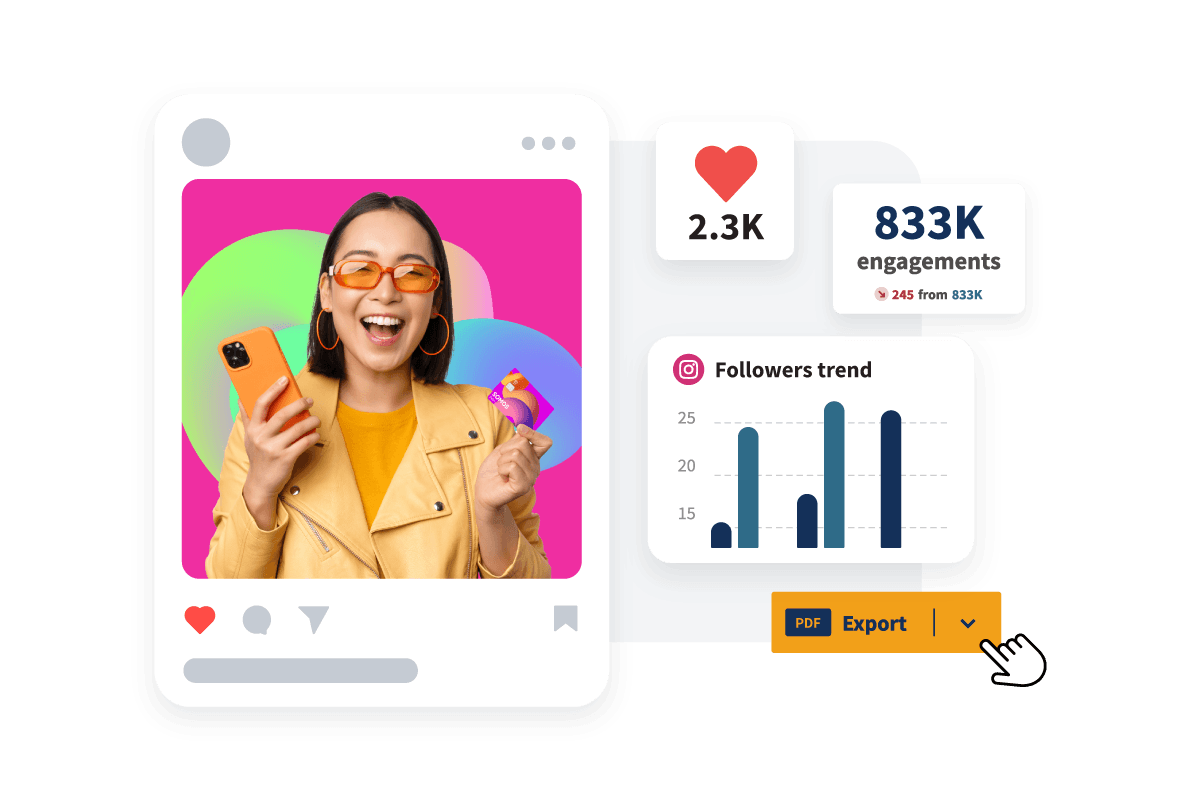 Mujer frente a un ordenador portátil con métricas de Hootsuite y botón de exportación