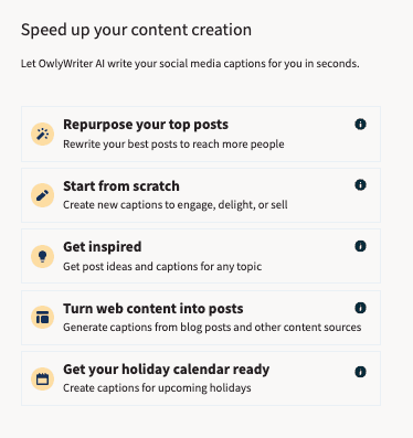 Captura de pantalla del panel de control de OwlyWriter que muestra cómo generar pies de foto desde cero