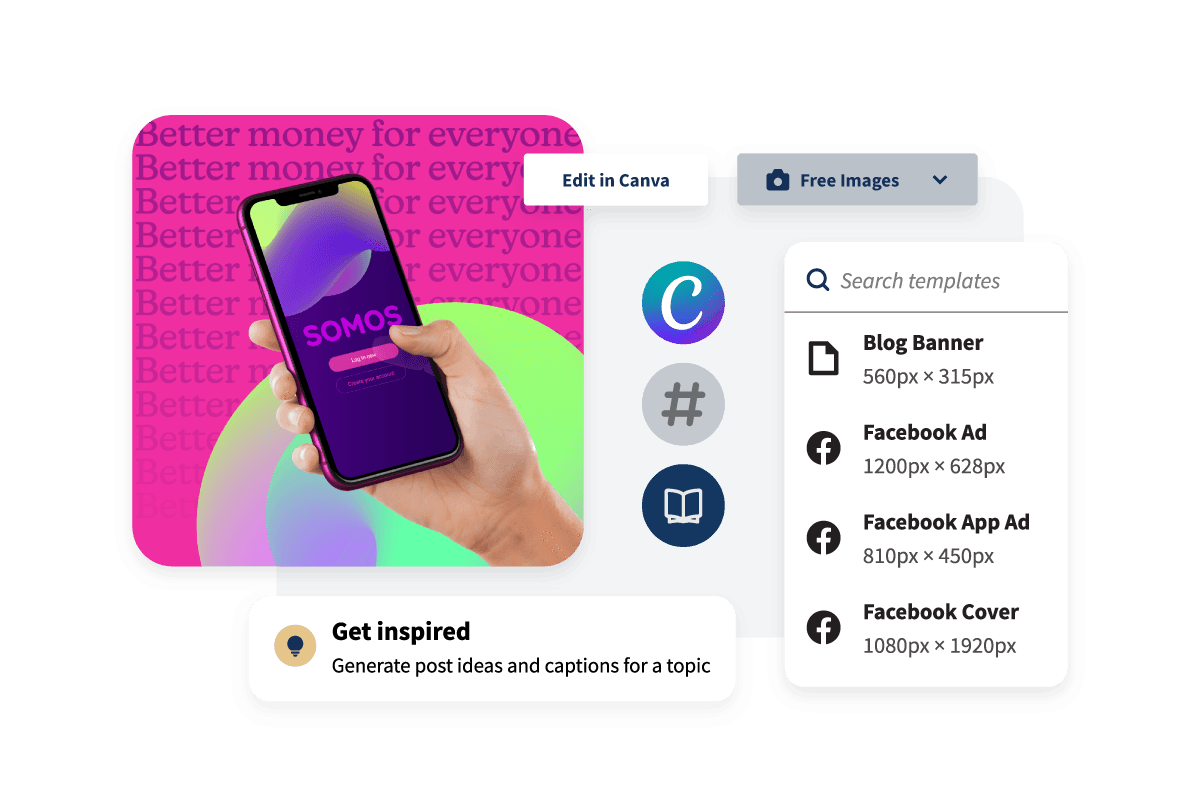 Ejemplo de algunas plantillas de Canva, que incluyen un banner de blog, un anuncio de Facebook y una imagen de portada de Facebook.