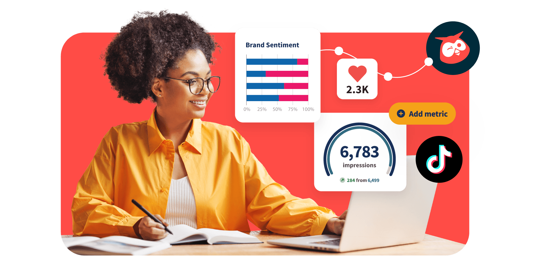 Professional in yellow shirt analyzing social media metrics and brand sentiment data, with TikTok and engagement icons displayed