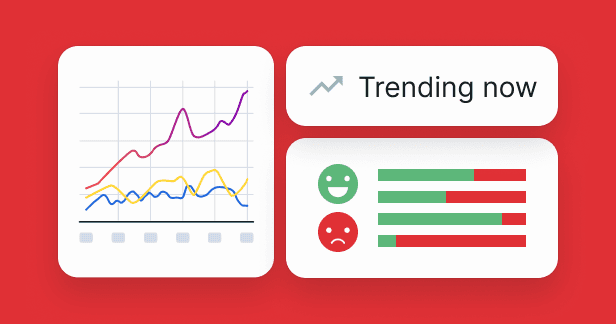 Line graphs and emoji feedback indicators showing trending data and sentiment analysis with happy and sad face ratings