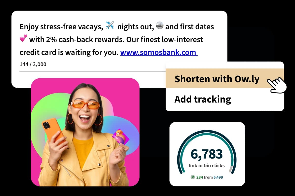 Sample copy about the fictional Somos Bank, with a popup button inviting user to "Shorten with Ow.ly".