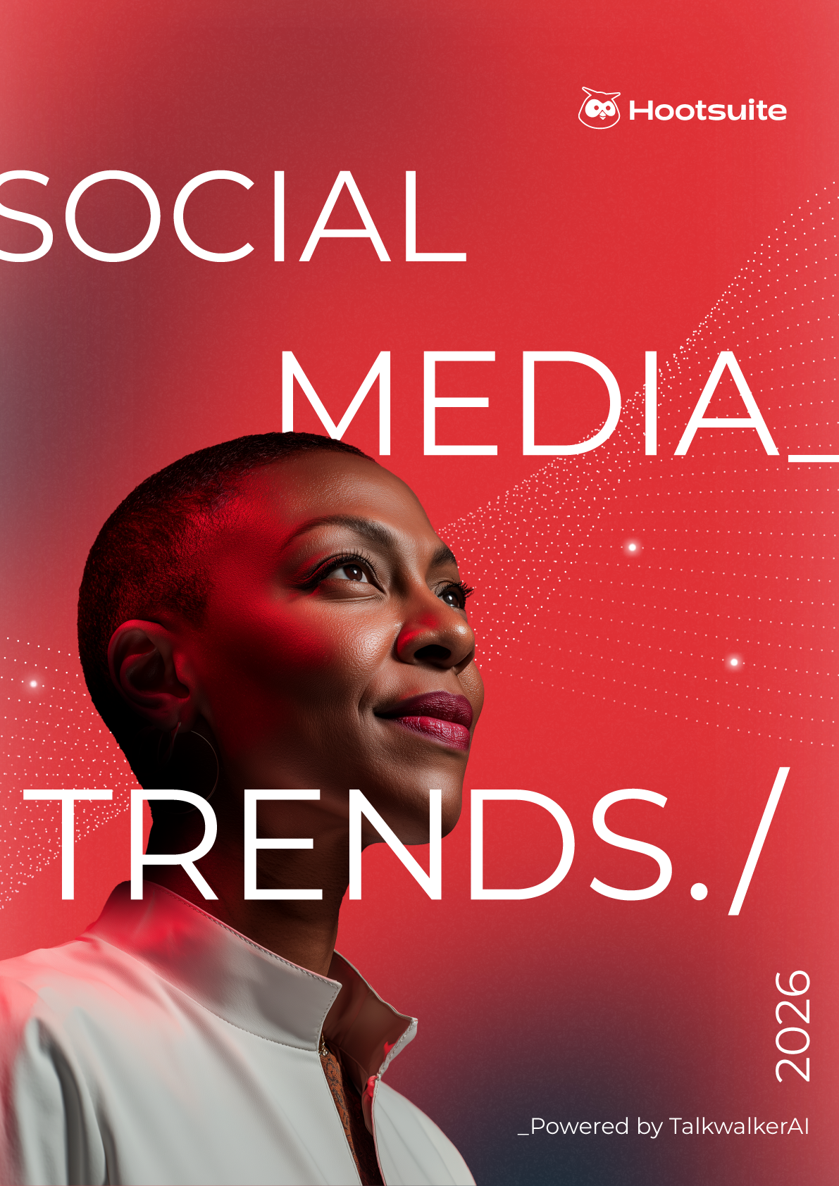 Professional in white collar shirt against red background with "Social Media Trends" text and Hootsuite logo, modern design with dotted elements